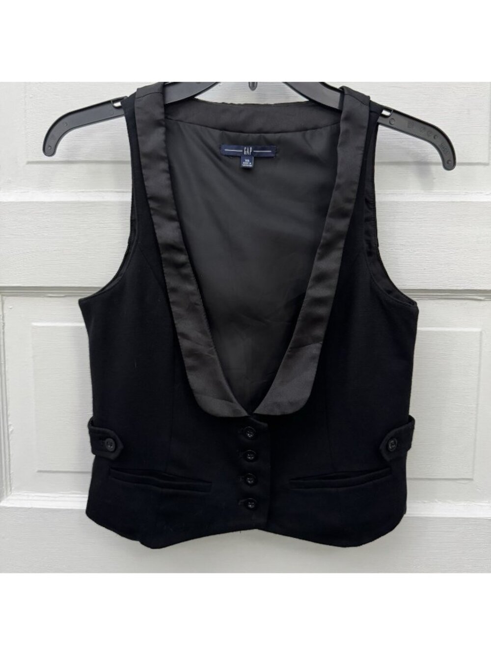 Gap Womens XS Black Tuxedo Vest Satin Shawl Collar Button Front Tailored